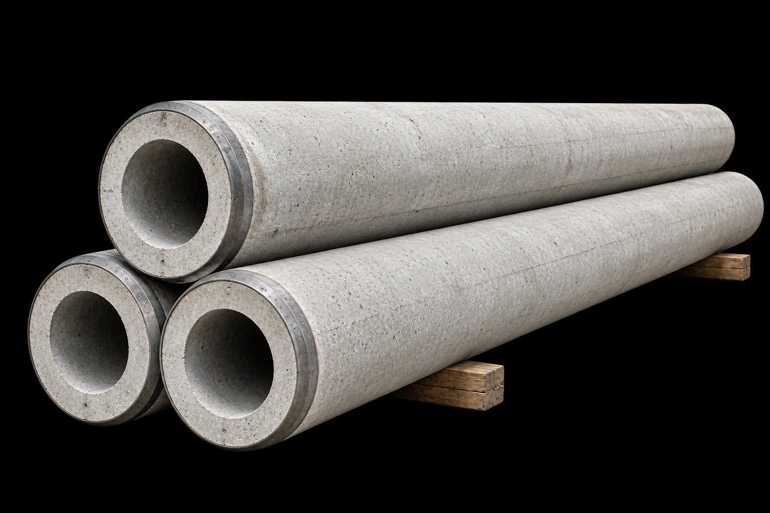 Three long hollow prestressed concrete piles, stacked on timber supports with their annular ends visible.