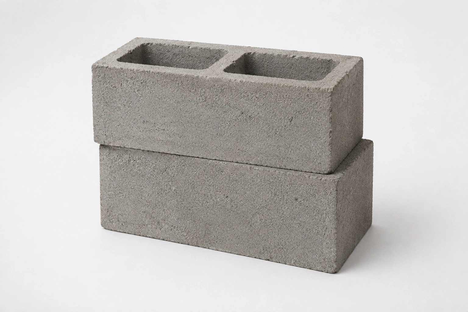Two stacked grey concrete masonry blocks with visible mineral grain and hollow cavities.