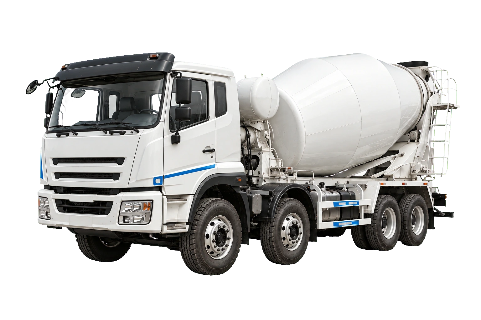 White concrete mixer truck with subtle blue trim, representing ready-mixed concrete applications of the mineral admixture.